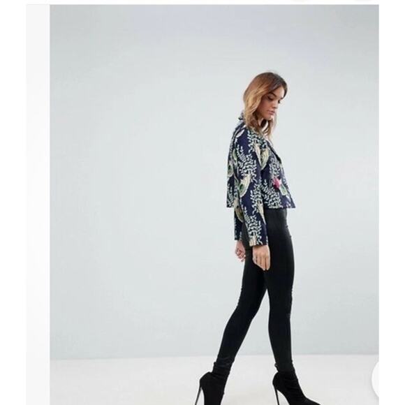 ASOS Blue Green Peacock Jacquard Biker Jacket Artsy Boho Art To Wear US Sz 4 - Picture 3 of 16